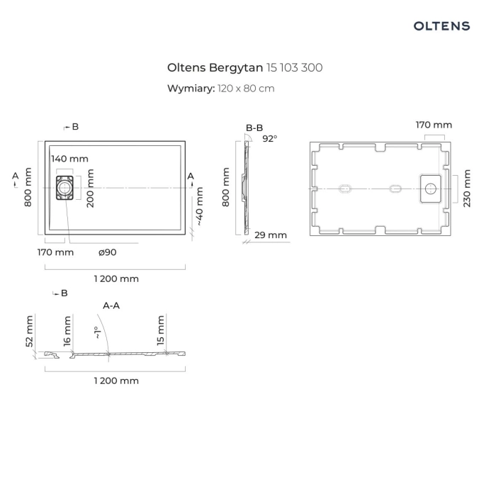 Oltens Bergytan brodzik prostokątny 120x90 cm RockSurface czarny mat 15104300