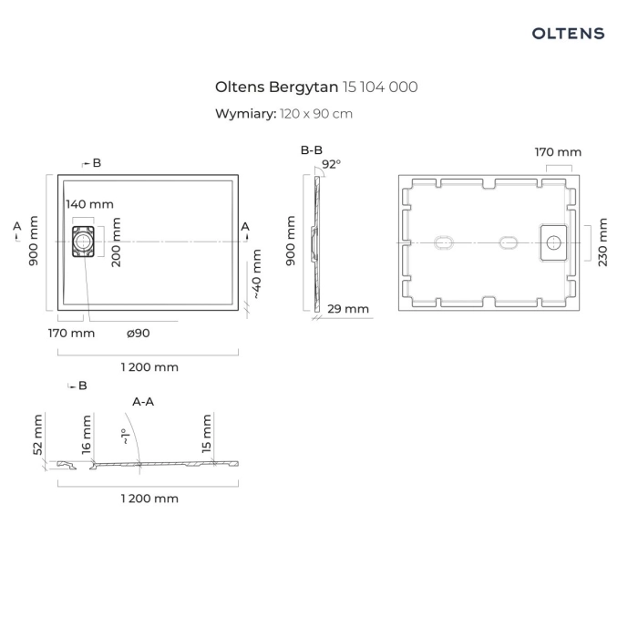 Oltens Bergytan brodzik prostokątny 140x70 cm RockSurface biały 15105000