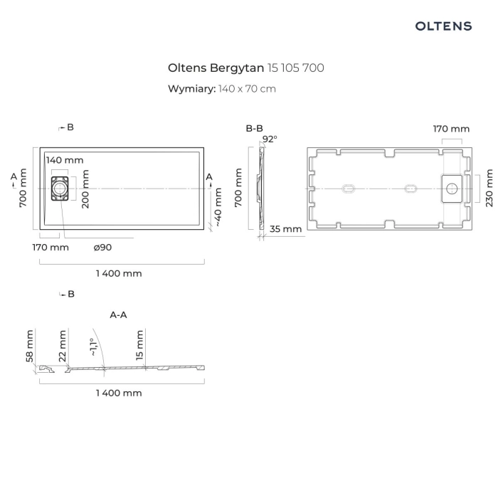 Oltens Bergytan brodzik prostokątny 140x70 cm RockSurface szary beton 15105700