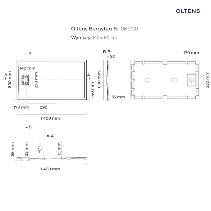 Oltens Bergytan brodzik prostokątny 140x90 cm RockSurface biały 15107000