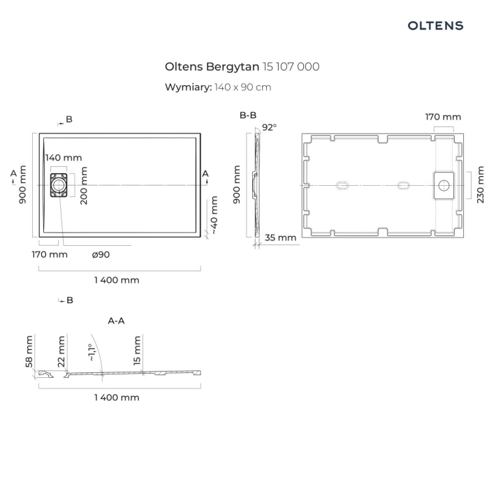 Oltens Bergytan brodzik prostokątny 100x80 cm RockSurface czarny mat 15100300