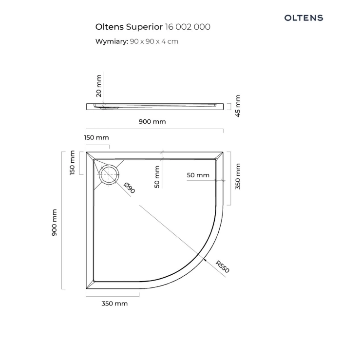 Oltens Superior brodzik półokragły 90x90 cm akrylowy biały 16002000