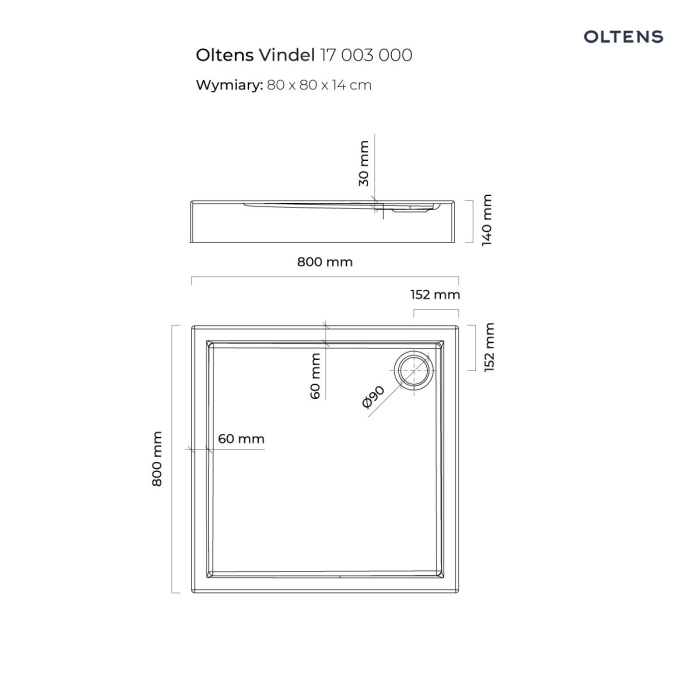 Oltens Vindel brodzik kwadratowy 80x80 cm akrylowy biały 17003000