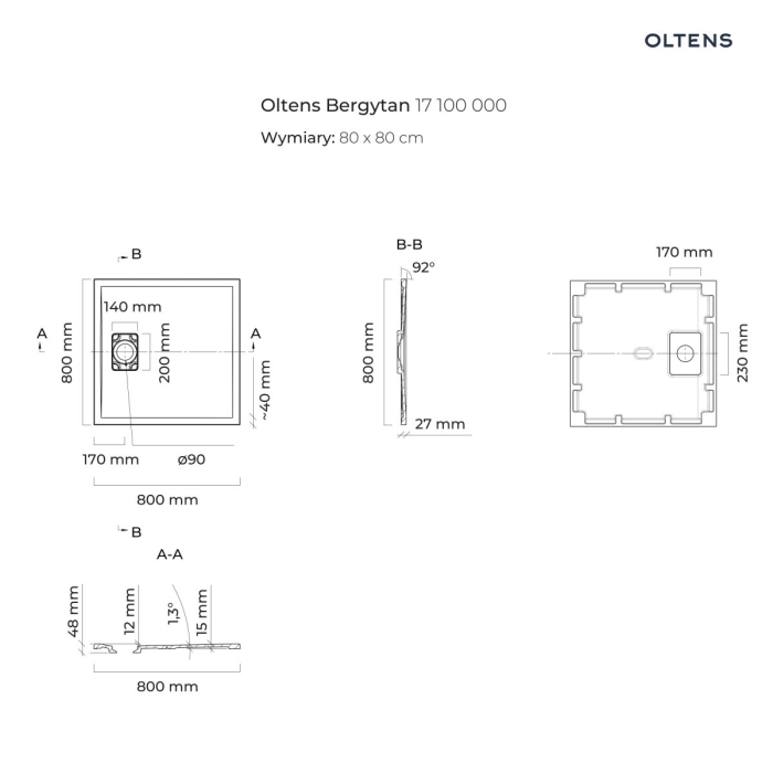 Oltens Bergytan brodzik kwadratowy 80x80 cm RockSurface biały 17100000