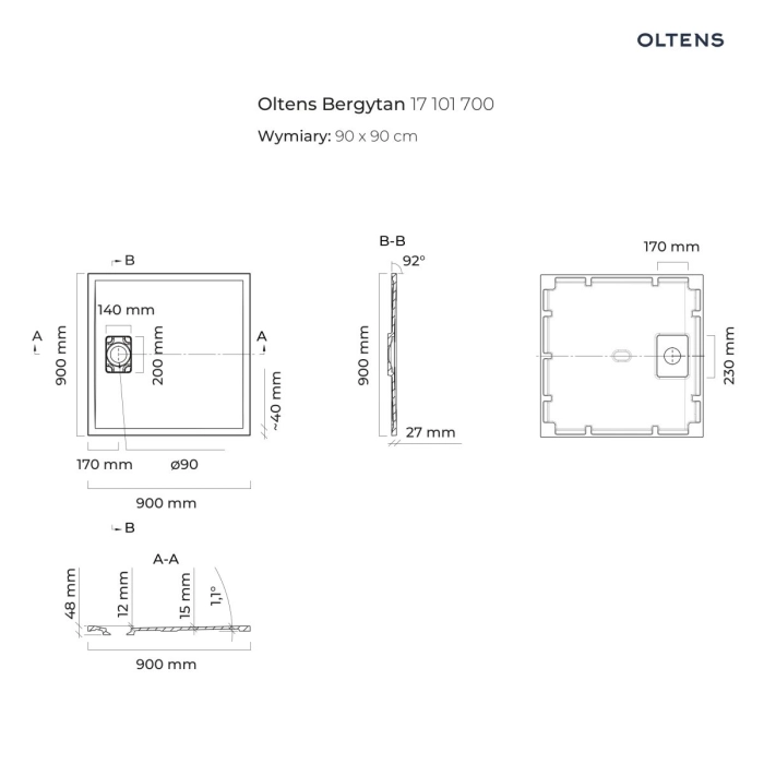 Oltens Bergytan brodzik kwadratowy 90x90 cm RockSurface szary beton 17101700