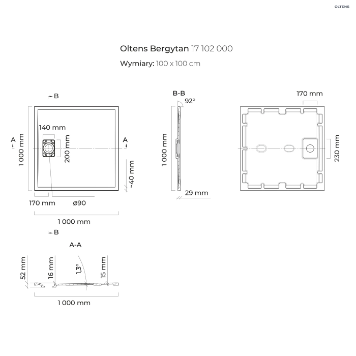 Oltens Bergytan brodzik kwadratowy 100x100 cm RockSurface biały 17102000