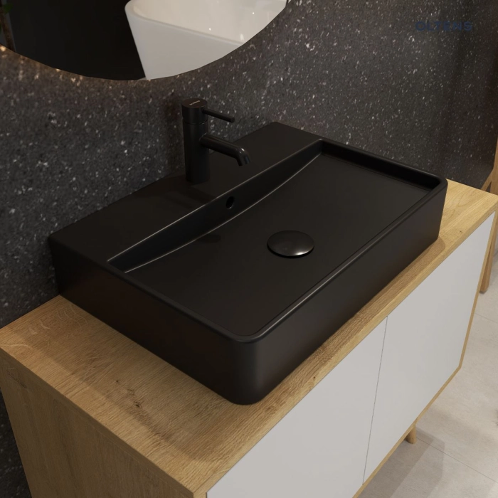 Oltens Duve umywalka 60x42 cm nablatowa prostokątna z powłoką SmartClean czarny mat 41800300