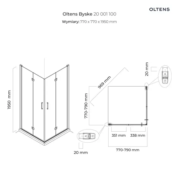 Oltens Byske kabina prysznicowa 80x80 cm kwadratowa 20001100