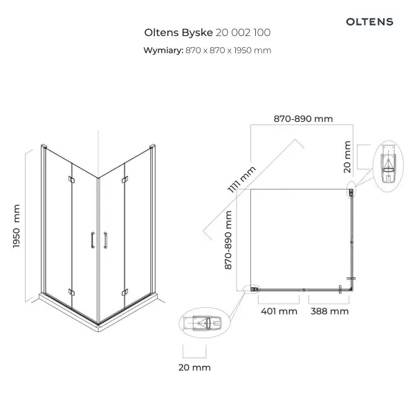 Oltens Byske kabina prysznicowa 90x90 cm kwadratowa 20002100