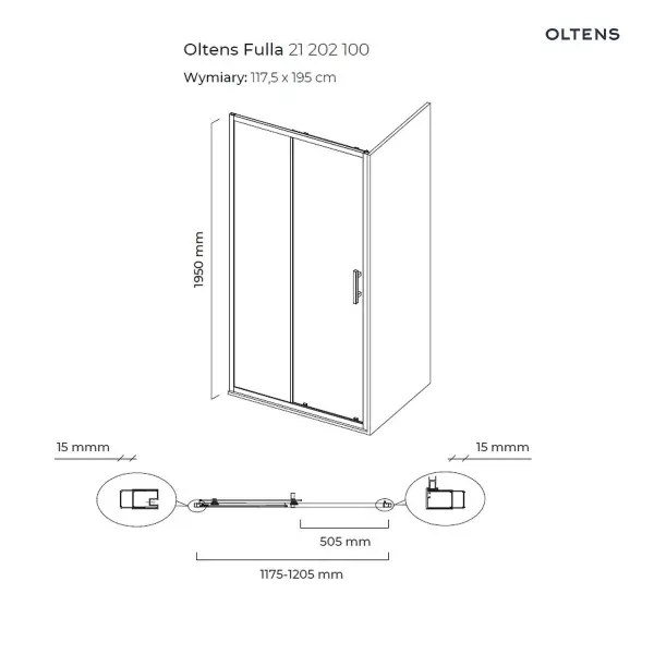 Oltens Fulla drzwi prysznicowe 120 cm wnękowe 21202100