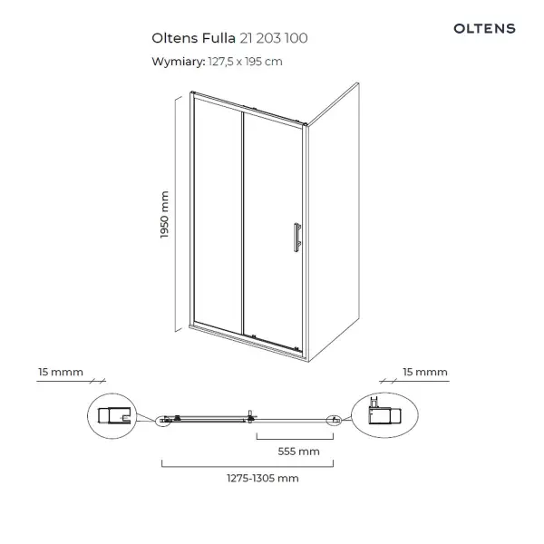 Oltens Fulla drzwi prysznicowe 130 cm wnękowe 21203100