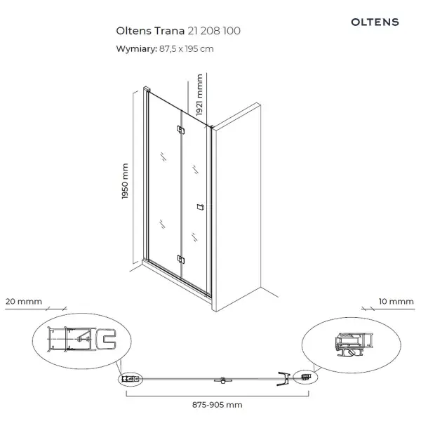 Oltens Trana drzwi prysznicowe 90 cm wnękowe 21208100