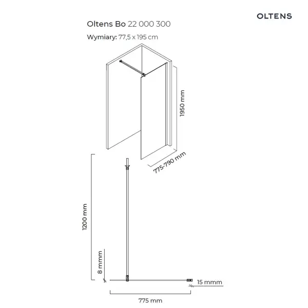 Oltens Bo ścianka prysznicowa Walk-In 80 cm profil czarny mat 22000300