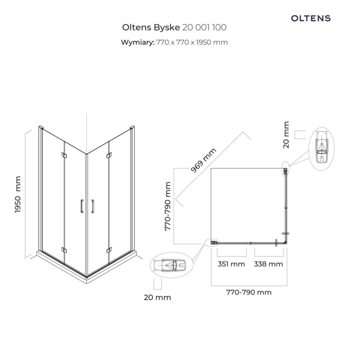 Oltens Byske kabina prysznicowa 80x80 cm kwadratowa 20001100