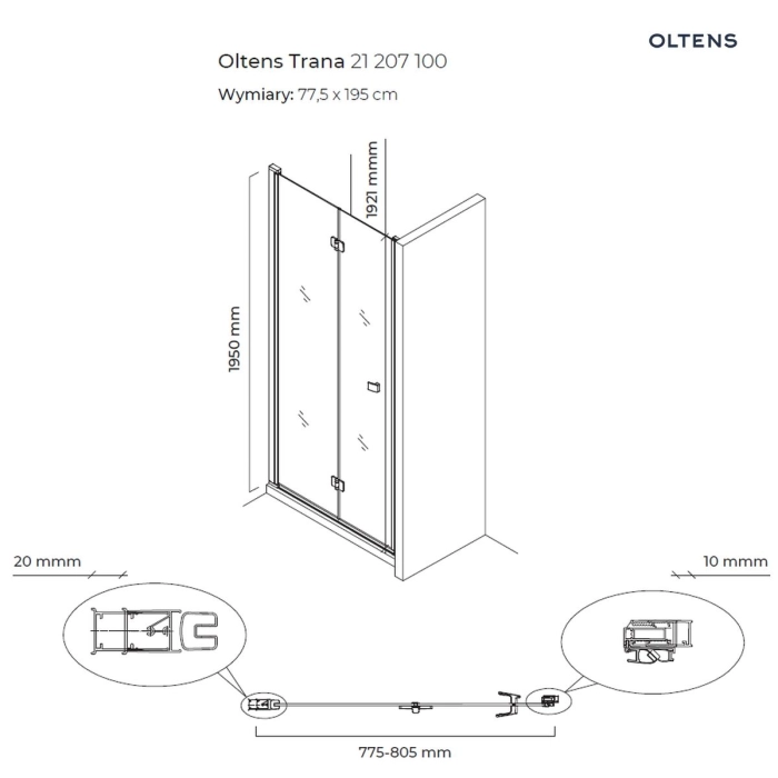 Oltens Trana drzwi prysznicowe 80 cm wnękowe 21207100