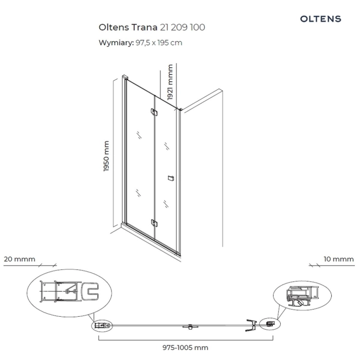 Oltens Trana drzwi prysznicowe 100 cm wnękowe 21209100