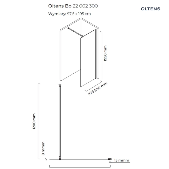 Oltens Bo ścianka prysznicowa Walk-In 100 cm profil czarny mat 22002300
