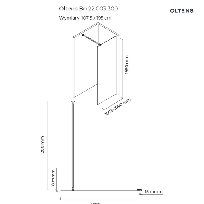 Oltens Bo ścianka prysznicowa Walk-In 110 cm profil czarny mat 22003300