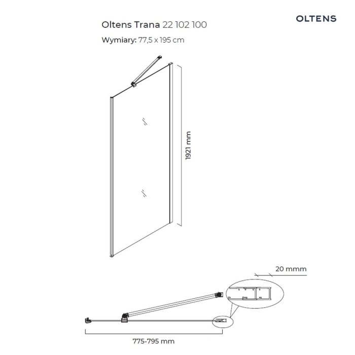 Oltens Trana ścianka prysznicowa 80 cm boczna do drzwi 22102100