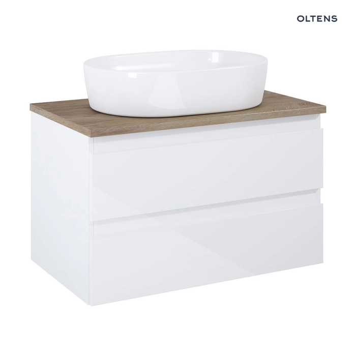 Oltens Vernal szafka 80 cm podumywalkowa wisząca z blatem biały połysk/dąb 60001060