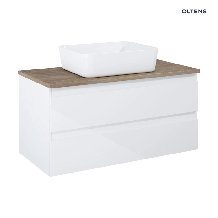 Oltens Vernal szafka 100 cm podumywalkowa wisząca z blatem biały połysk/dąb 60002060