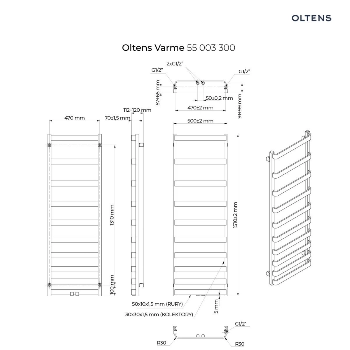 Oltens Varme grzejnik łazienkowy 151x50 cm czarny mat 55003300