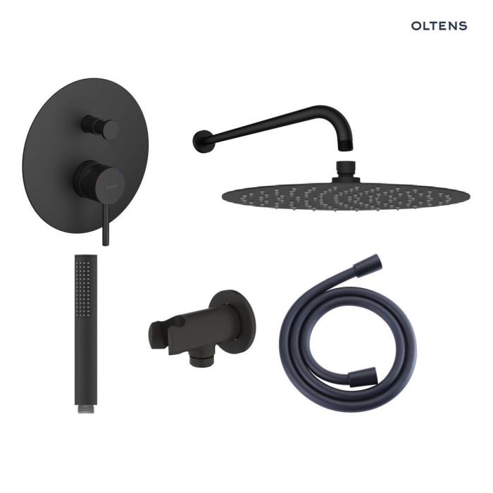Zestaw Oltens Molle bateria podtynkowa z deszczownicą 30 cm Vindel i kompletem prysznicowym Ume czarny mat 36600300