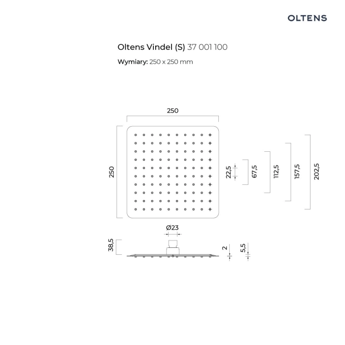 Oltens Vindel (S) deszczownica 25x25 cm kwadratowa chrom 37001100
