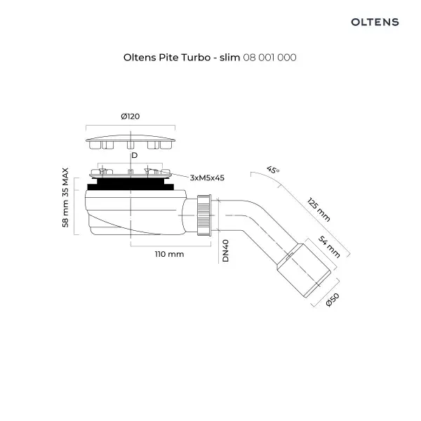 Oltens Pite Turbo syfon brodzikowy odpływ 90 mm plastikowy chrom 08001000