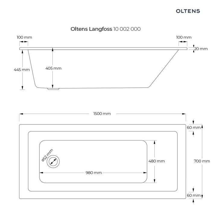 Oltens Langfoss wanna prostokątna 150x70 cm akrylowa biały połysk 10002000