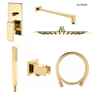 Zestaw Oltens Gota bateria podtynkowa z deszczownicą 30 cm Vindel (S) i kompletem prysznicowym Sog złoty połysk 36604800