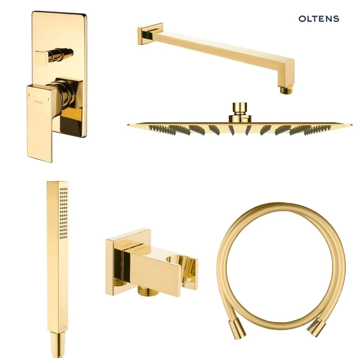 Zestaw Oltens Gota bateria podtynkowa z deszczownicą 30 cm Vindel (S) i kompletem prysznicowym Sog złoty połysk 36604800